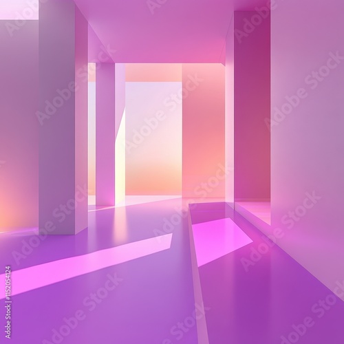 A minimalist abstract interior featuring pink and purple gradient lighting, showcasing a modern geometric room design. photo