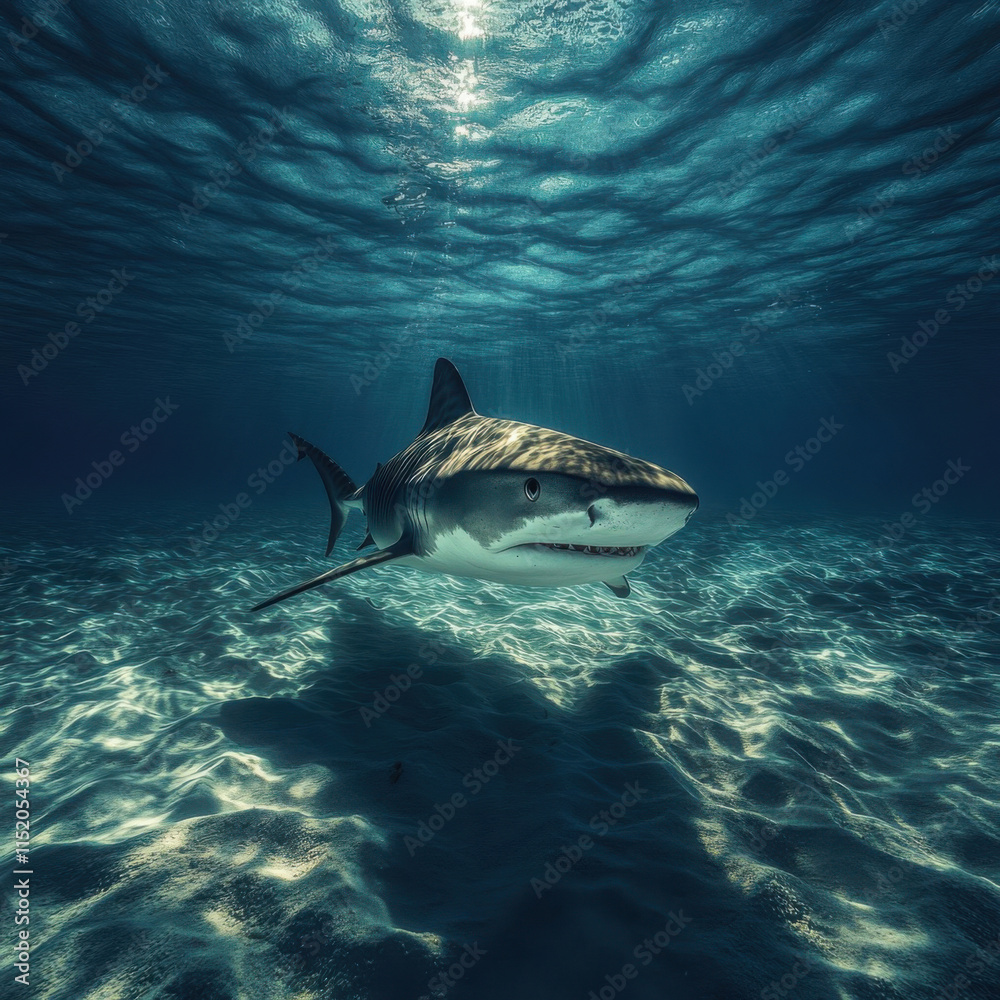 Fototapeta premium Majestic Shark Swimming Gracefully Underwater in Crystal Clear Ocean Waters with Sunlight Filtering Through Waves Creating a Serene and Mystical Atmosphere
