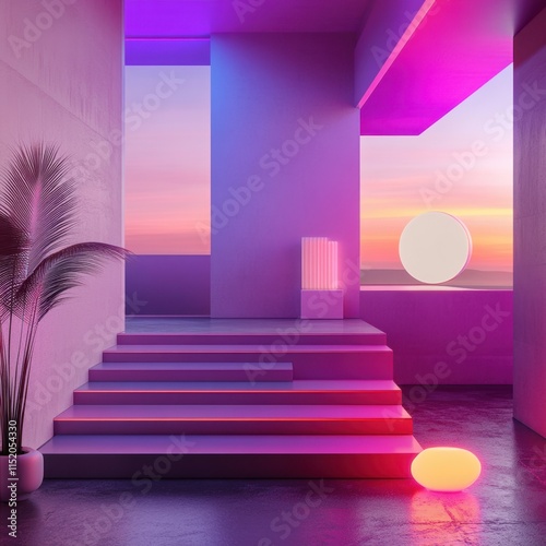 A minimalist abstract interior featuring pink and purple gradient lighting, showcasing a modern geometric room design. photo