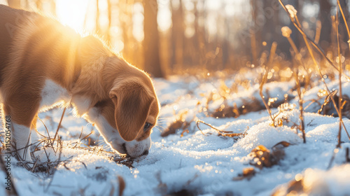 playful puppy exploring snow covered ground in sunlit forest