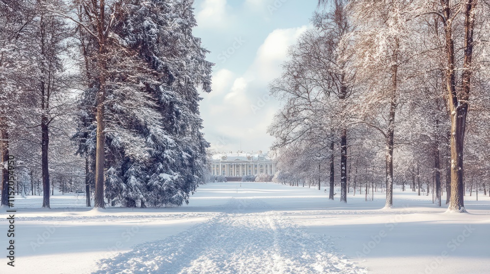A serene winter landscape with snow-covered trees leading to a grand building in the distance. A serene winter landscape with snow-covered trees leading to a grand building in the distance.