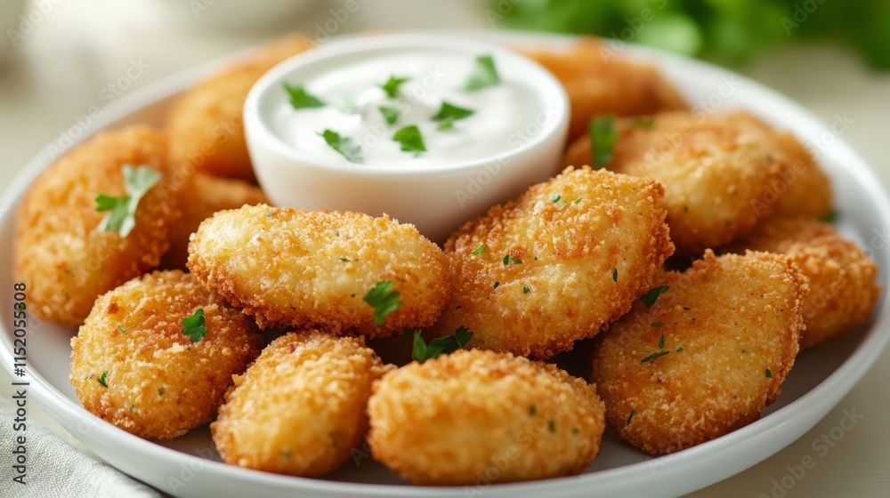 Crispy Nuggets with Ranch Dipping Sauce on Plate Crispy Nuggets with Ranch Dipping Sauce on Plate