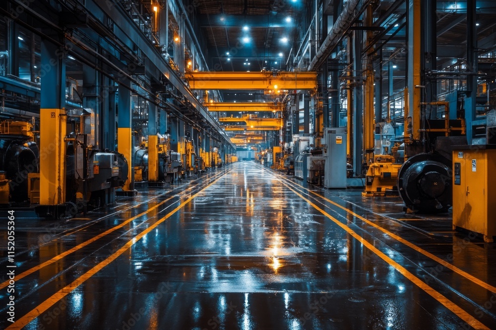 Industrial factory floor with yellow guide lines Industrial factory floor with yellow guide lines