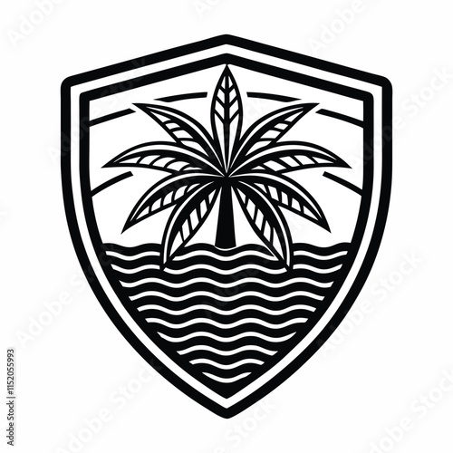 Stylish black and white shield emblem with a tropical palm tree.