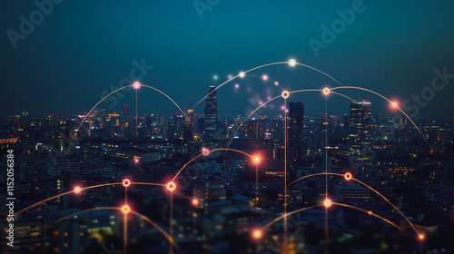 Smart digital city with connection cyber security network reciprocity over the cityscape . future smart wireless digital city and social media networking systems that connects people within the city