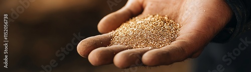 Hand holding raw gold grains, symbolizing wealth and mining industry process. photo