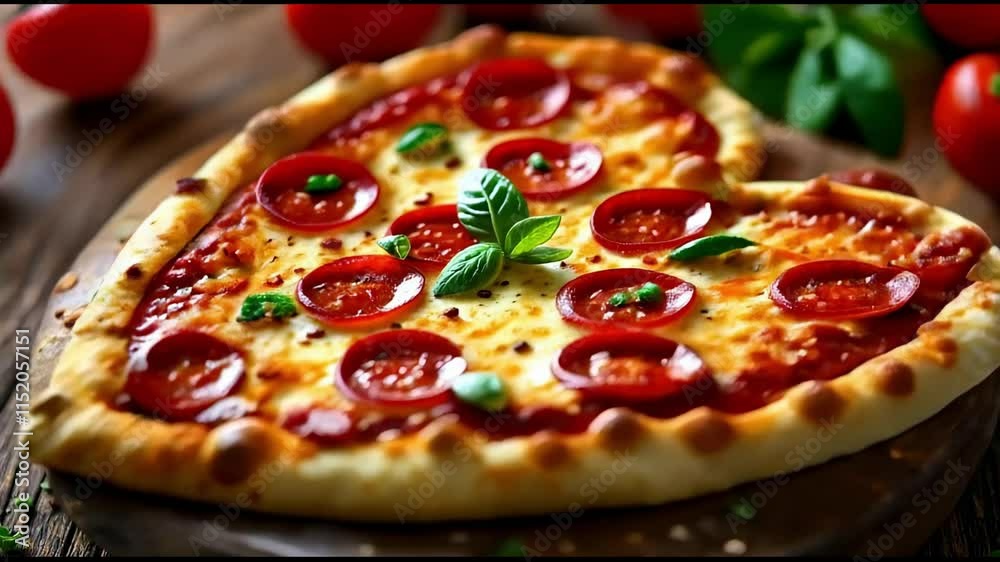 Video pepperoni pizza in heart shape, top vie	
