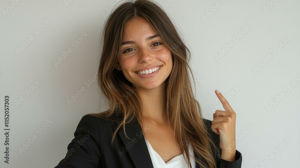 Smiling Woman in Business Outfit Pointing Smiling Woman in Business Outfit Pointing