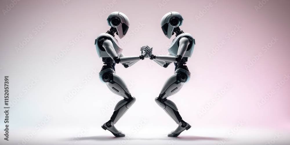 Two sleek robots perform a mesmerizing dance, their movements perfectly synchronized, capturing the essence of technology and artistry in an urban setting under neon lights Two sleek robots perform a mesmerizing dance, their movements perfectly synchronized, capturing the essence of technology and artistry in an urban setting under neon lights