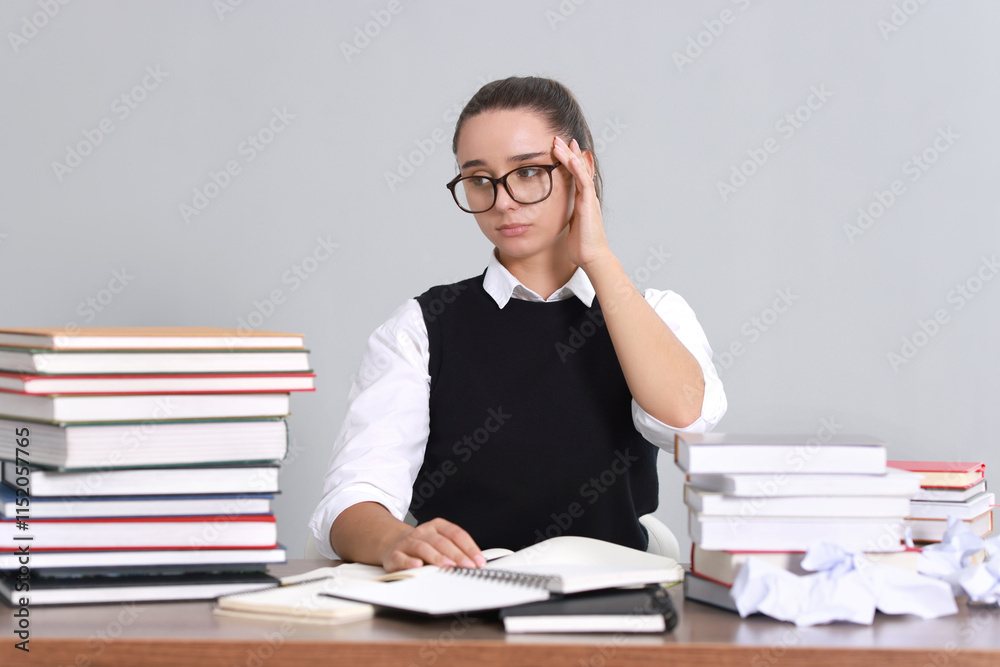 Young student having stress before exam at desk against grey background Young student having stress before exam at desk against grey background