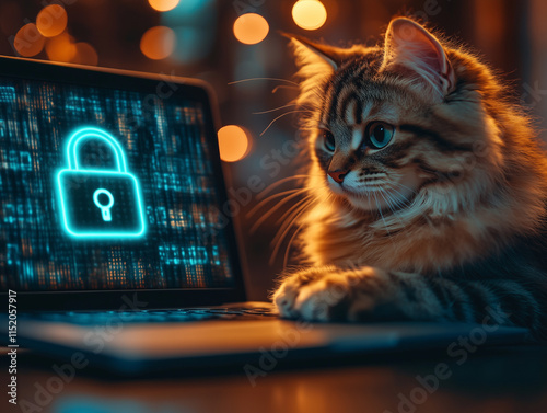 Curious cat observing laptop screen displaying security lock and data stream Safer Internet Day