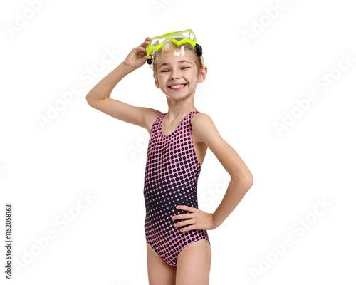 Happy girl in beachwear with diving mask on white background photo