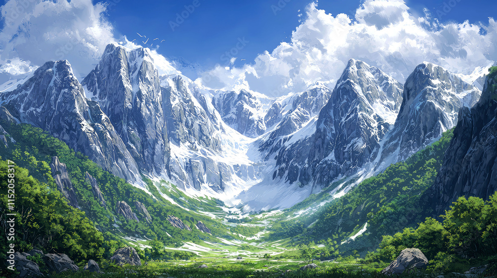 Fototapeta premium Majestic snow-capped mountains and lush green valley.
