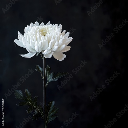 A mourning background featuring a beautiful white chrysanthemum flower against a dark backdrop, with ample space for text. photo