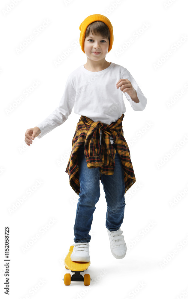 Little boy with skateboard on white background Little boy with skateboard on white background
