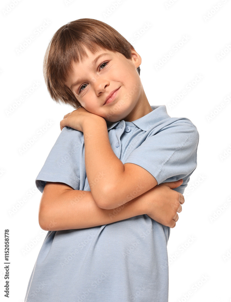 Cute little boy hugging himself on white background Cute little boy hugging himself on white background