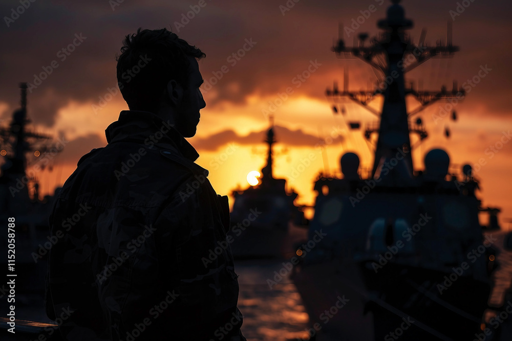 Fototapeta premium Generative AI Coast Guard Lifeguard Standing in Harbor at Sunset