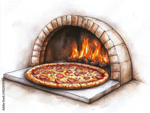 Delicious pizza baking in traditional brick oven with burning firewood