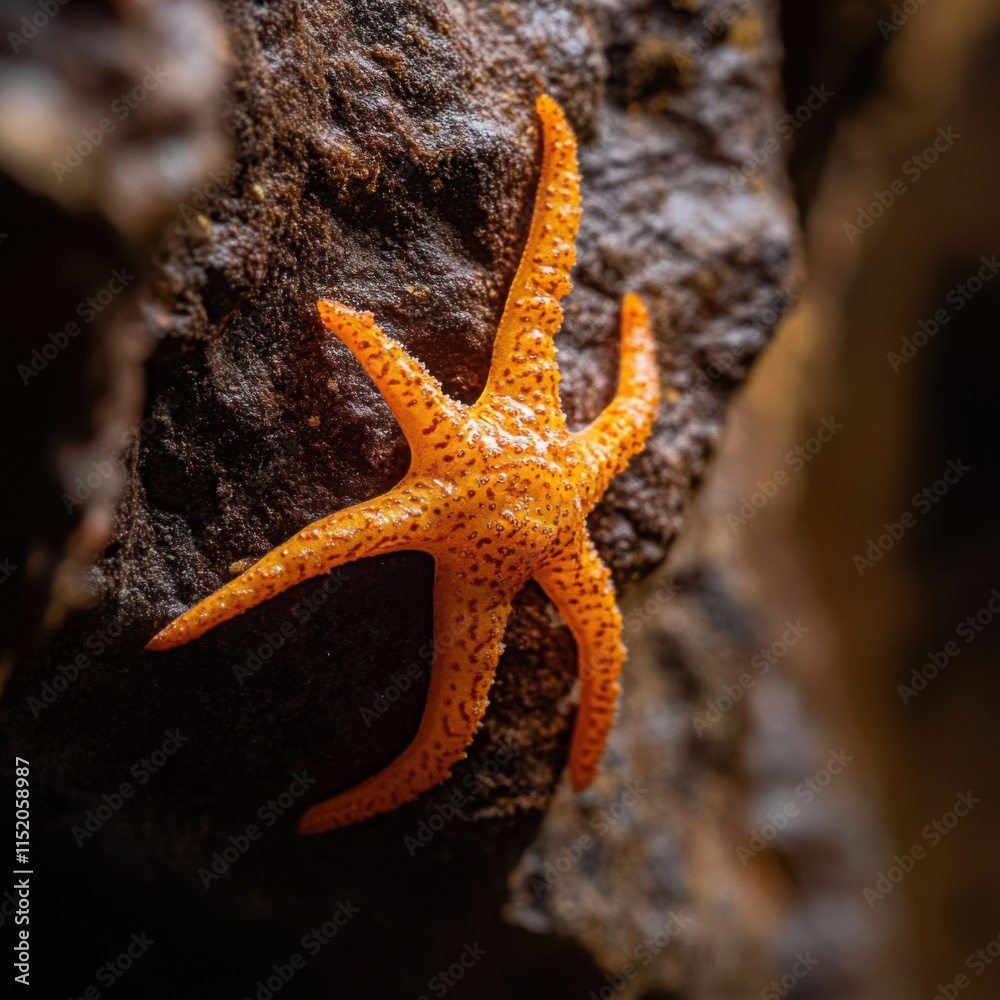 Close-up View of a Bright Orange Starfish Resting on Rocky Surface Underwater, Showcasing Its Unique Texture and Natural Beauty in Marine Habitat Close-up View of a Bright Orange Starfish Resting on Rocky Surface Underwater, Showcasing Its Unique Texture and Natural Beauty in Marine Habitat