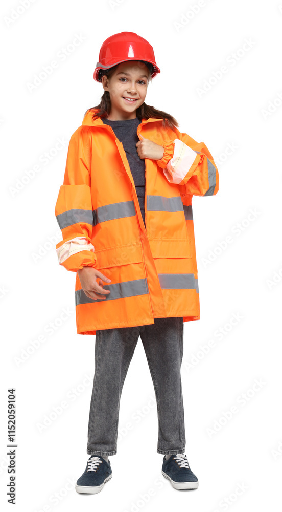 Girl with hardhat and vest pretending to be firefighter on white background. Dreaming of future profession
