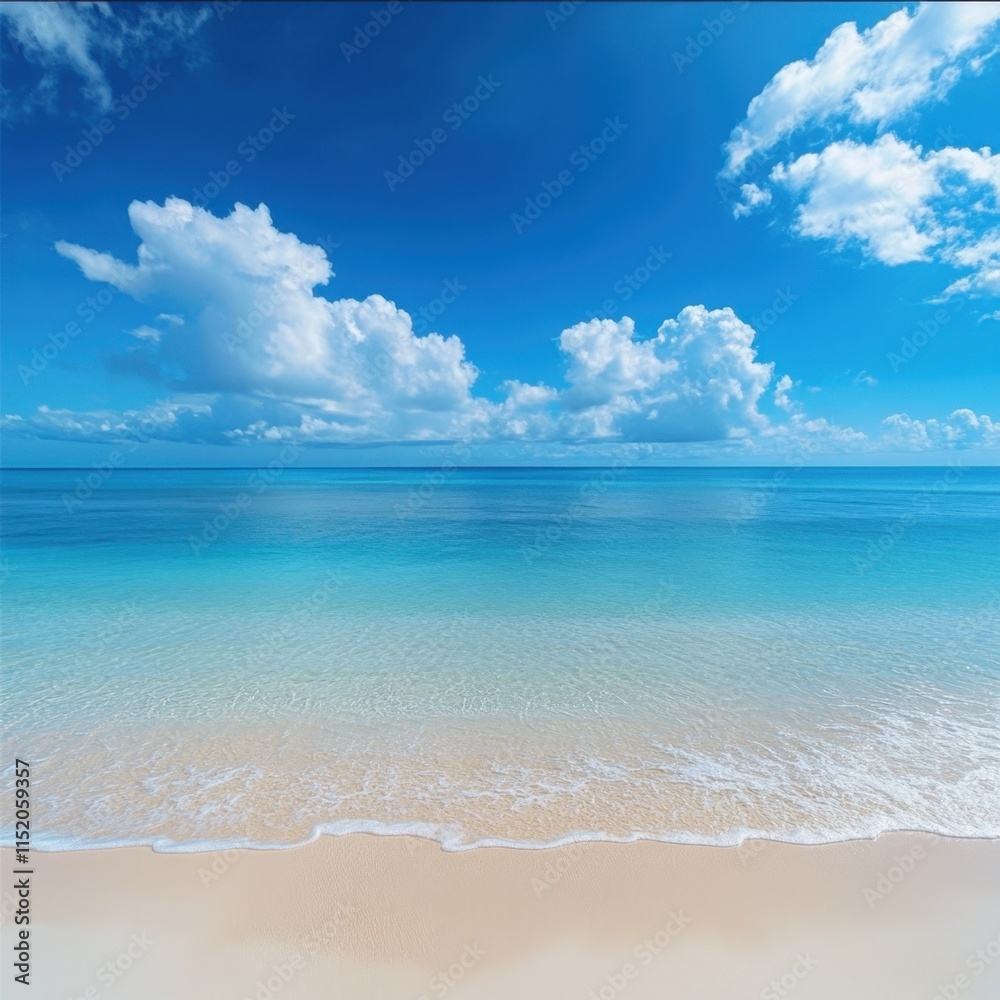 Fototapeta premium A panoramic tropical beach scene featuring a broad seascape where the clear blue sky seamlessly merges with the tranquil sea.