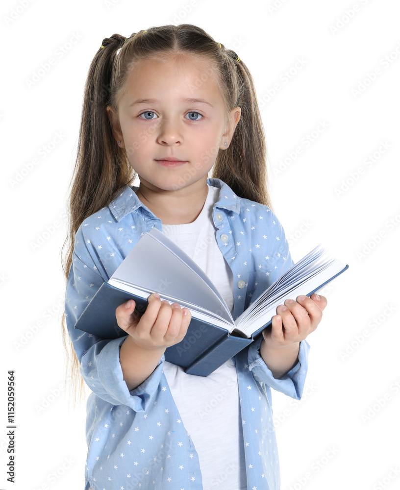 Learning alphabet. Little girl with book on white background Learning alphabet. Little girl with book on white background