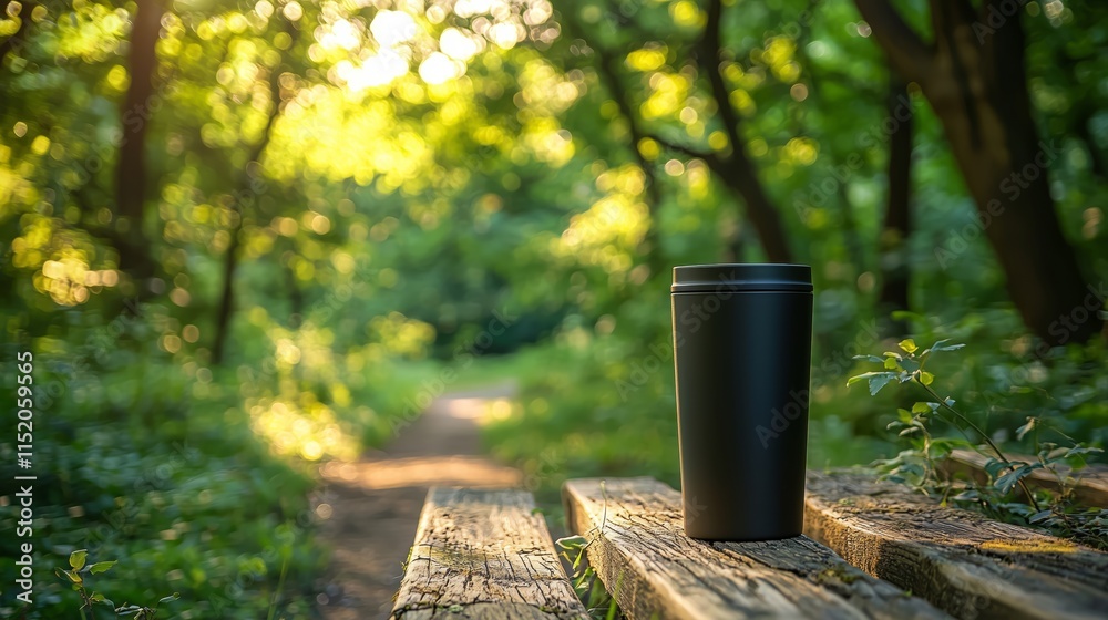 Black Travel Mug on Rustic Bench in Green Forest Pathway Black Travel Mug on Rustic Bench in Green Forest Pathway