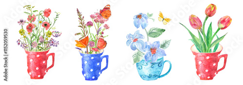 watercolor set of cups with flowers. collection of bouquets with butterflies. wildflowers, tulips
