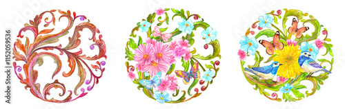watercolor set of round floral arrangements with flowers and butterflies. collection of circle leafy ornament with couple of blue birds