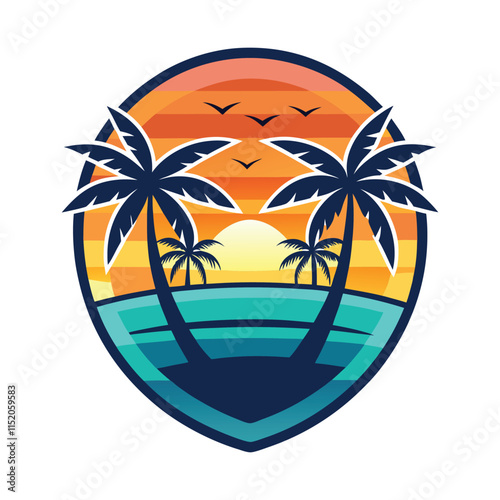 Colorful sunset over tropical paradise logo design