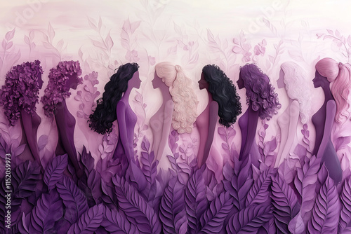 Diverse women silhouettes celebrating in a purple floral garden