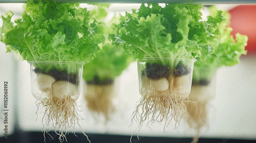 Fototapeta premium Hydroponic lettuce plants growing with visible roots in a modern indoor setup.