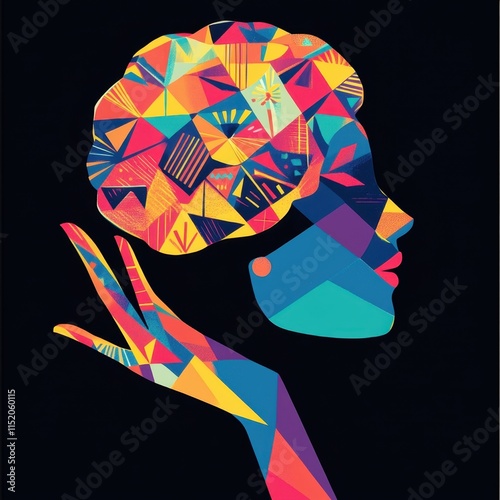 A person holding a vibrant, geometric illustration of a human head, symbolizing mental health awareness and the diversity of thought. photo