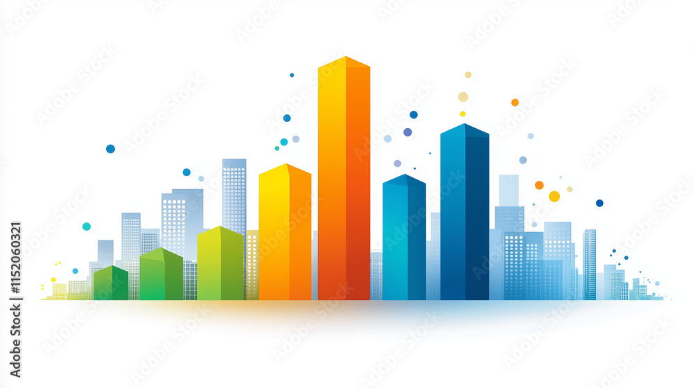 A simple vertical column chart with three bars of varying heights, accented in gradient shades of blue, green, and yellow on a white background.