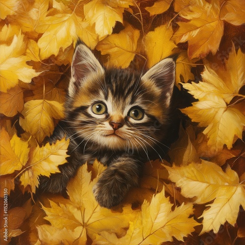 A playful kitten frolicking among a blanket of vibrant yellow autumn leaves. photo