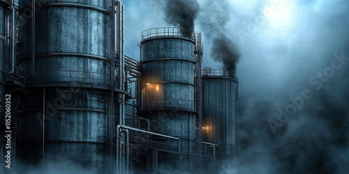 A haunting scene of towering industrial silos, shrouded in mist and emitting dark smoke, evokes a sense of foreboding and environmental concern in a modern industrial landscape.