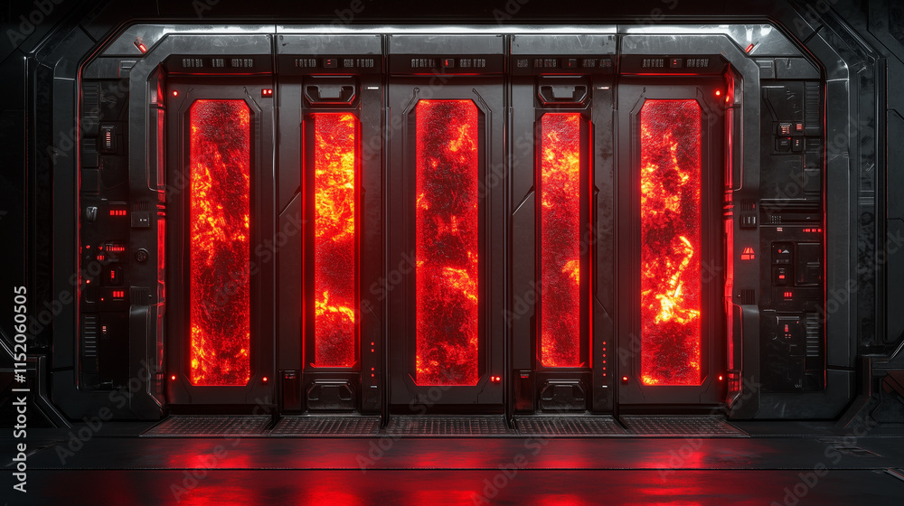 High-tech futuristic sci-fi energy containment chamber with glowing red panels and industrial details High-tech futuristic sci-fi energy containment chamber with glowing red panels and industrial details