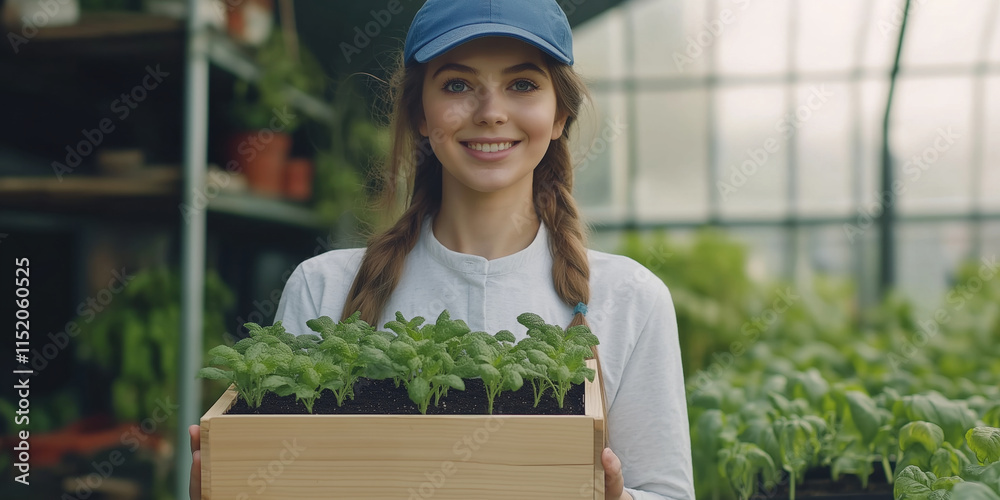 A beautiful, sweet girl of European appearance smiles and holds a wooden box with seedlings against the backdrop of a modern greenhouse. The concept of growing seedlings, preparing for the summer A beautiful, sweet girl of European appearance smiles and holds a wooden box with seedlings against the backdrop of a modern greenhouse. The concept of growing seedlings, preparing for the summer