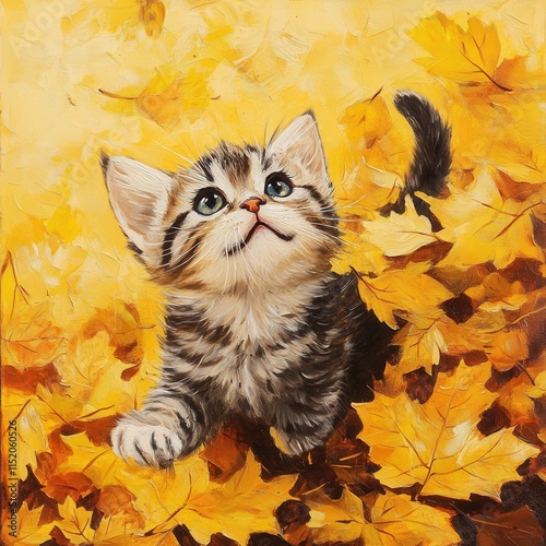 A playful kitten frolicking among a blanket of vibrant yellow autumn leaves. photo