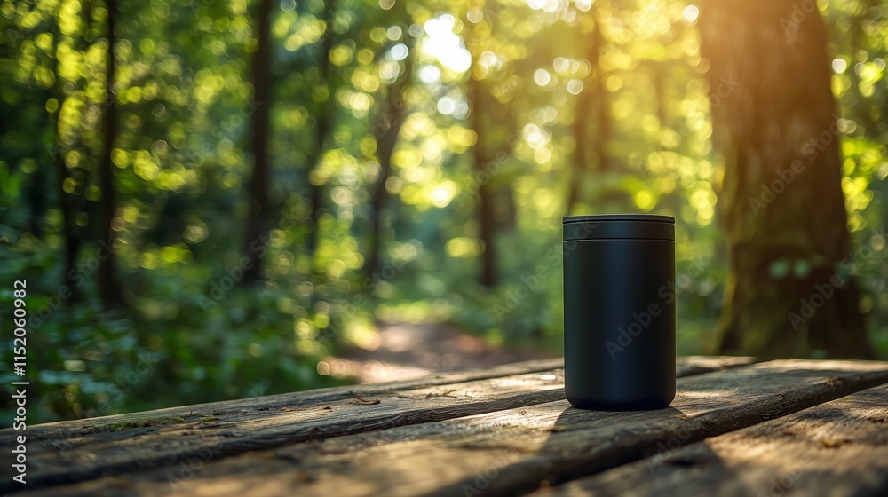 Black Travel Mug on Wooden Table in Forest Setting