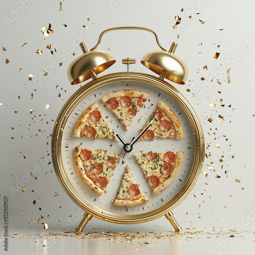 Golden alarm clock showing sliced pizza and celebrating pizza time with golden confetti