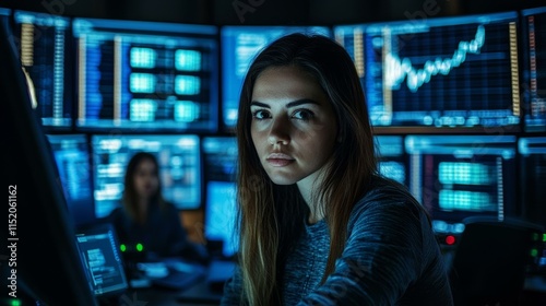 Focused Woman in a Tech Control Room