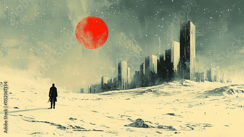 A lone figure walks through a snowy wasteland towards a futuristic cityscape under a large red sun, evoking mystery