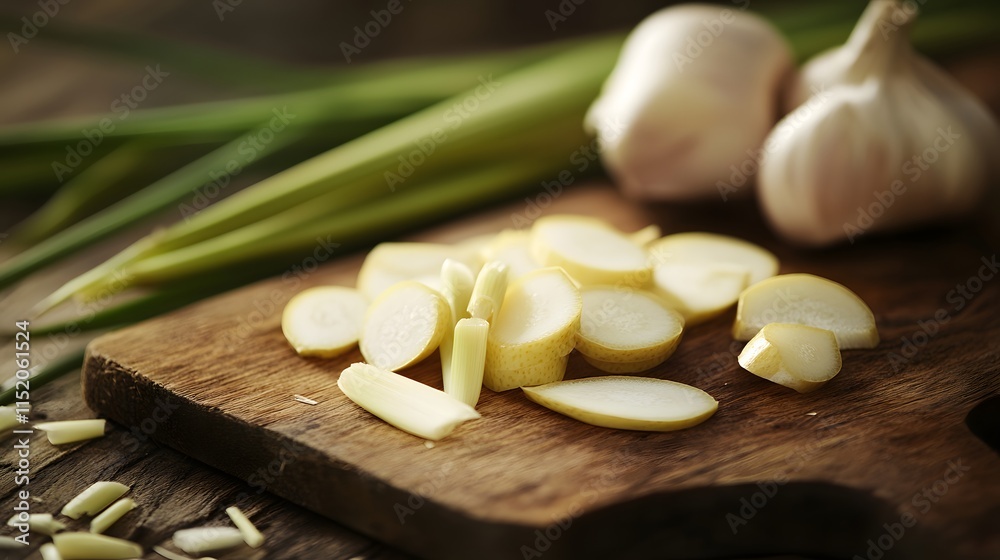 Close up sliced Lemon grass on wooden board Close up sliced Lemon grass on wooden board
