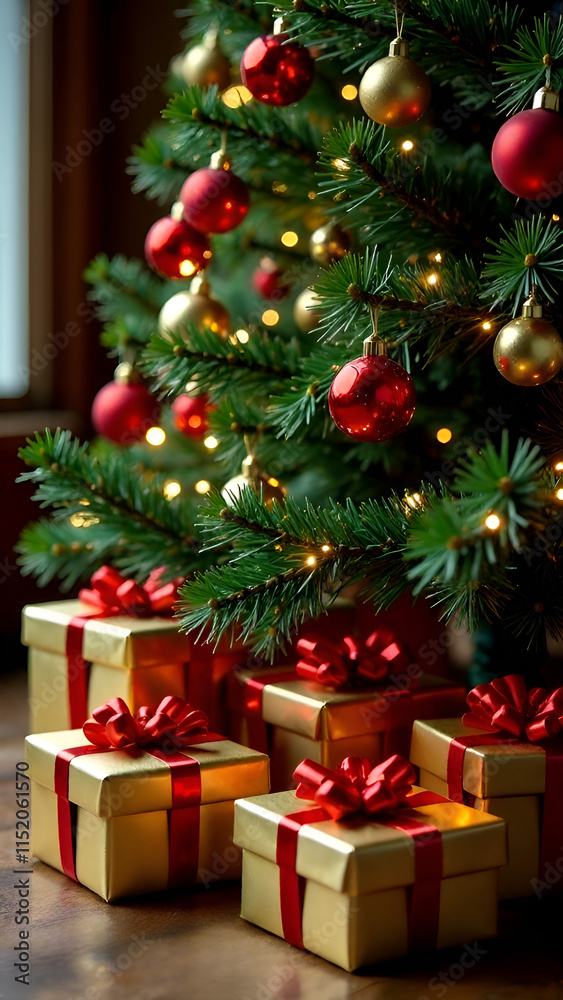 A close-up of a Christmas tree decorated with golden and red Christmas balls, and golden gift boxes with red ribbons under the tree. A close-up of a Christmas tree decorated with golden and red Christmas balls, and golden gift boxes with red ribbons under the tree.