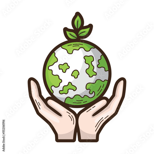 Safe earth  two gentle hands cradle a sprouting green earth promising life. Suitable for environmental, conservation, and Earth Day concepts