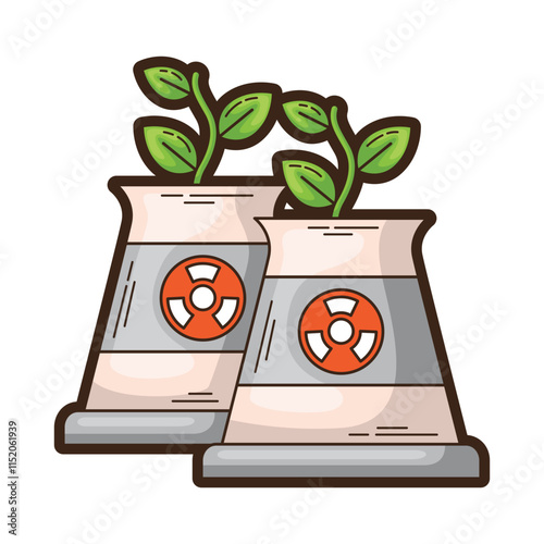 Nuclear plant twin towers covered in green plants represent a clean energy future. Suitable for environmental and energy industry concepts