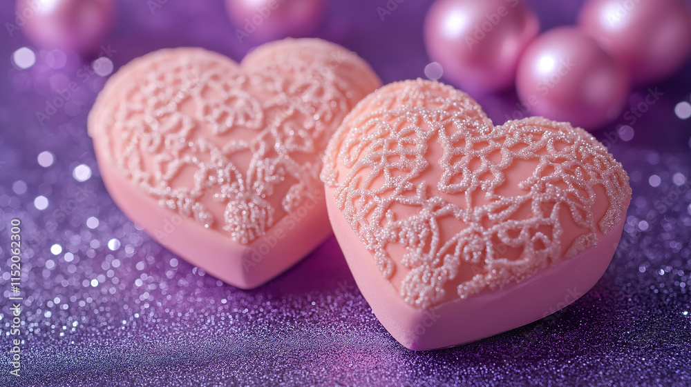 Obraz premium Two soft pink hearts with lace on a purple glitter background creating a Valentine's Day