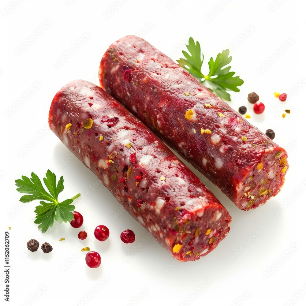 Two seasoned dried sausages are laying on a white background garnished with parsley, peppercorns, and red berries