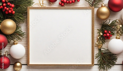 White blank paper invitation card mockup with Christmas ornaments, blank canvas, wooden background, copy space for text Christmas greeting card, holiday decor, Christmas card template. Generative AI